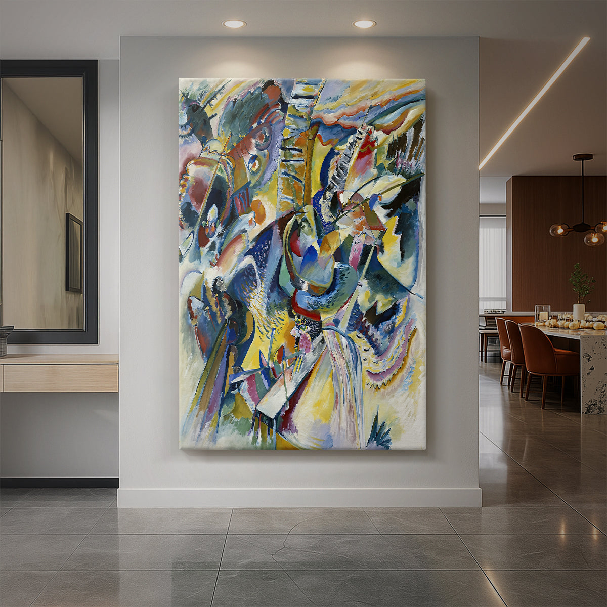 Canvas art print of an abstract composition with sharp lines and expressive color forms displayed as a statement piece in a spacious interior.