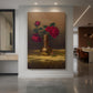 Canvas art print of a still life of red roses in a Japanese vase set on a gold velvet cloth displayed as a statement piece in a spacious interior.
