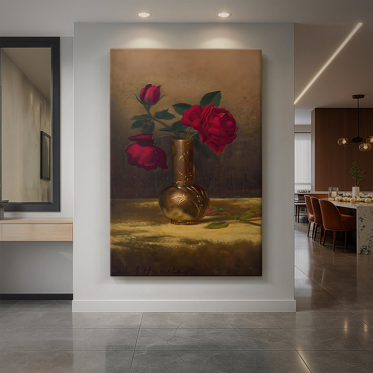 Canvas art print of a still life of red roses in a Japanese vase set on a gold velvet cloth displayed as a statement piece in a spacious interior.
