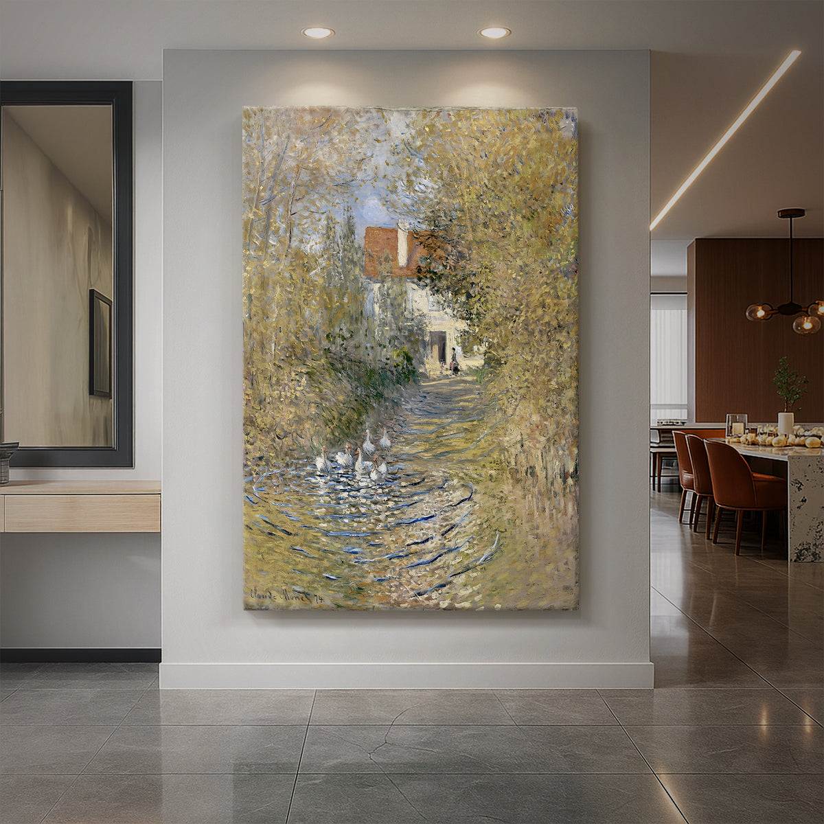 Canvas art print of an impressionist scene of geese in a grassy landscape with soft light displayed as a statement piece in a spacious interior.