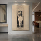 Canvas art print of a symbolic portrait of a standing nude woman holding a mirror with ornate detail displayed as a statement piece in a spacious interior.