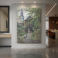 Canvas art print of a realistic architectural scene of historic buildings in a quiet urban setting displayed as a statement piece in a spacious interior.