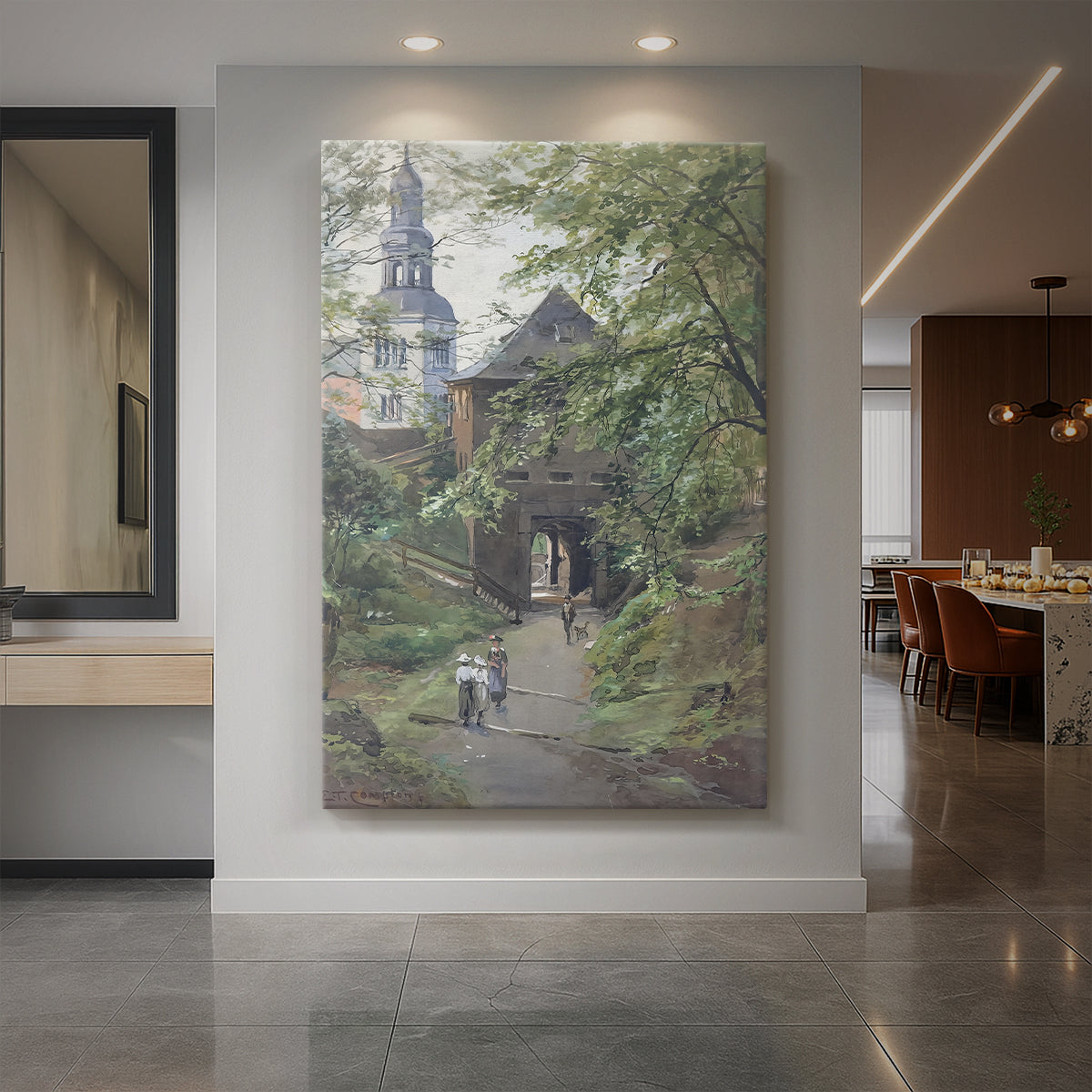 Canvas art print of a realistic architectural scene of historic buildings in a quiet urban setting displayed as a statement piece in a spacious interior.