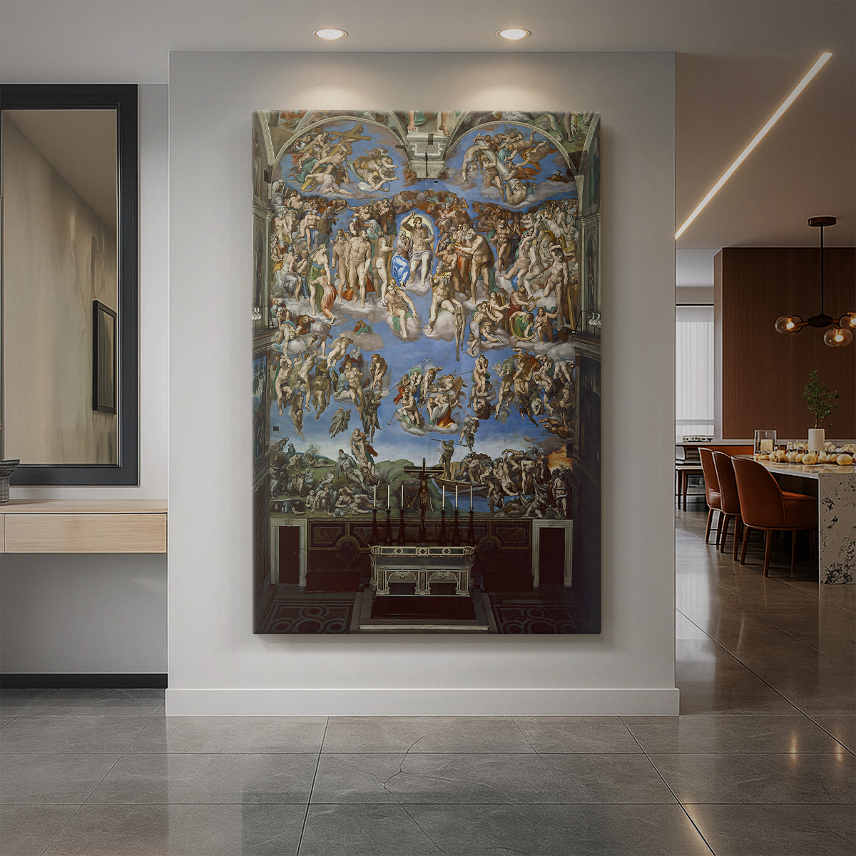 Canvas art print of a Renaissance fresco of many figures in a dramatic, structured composition displayed as a statement piece in a spacious interior.