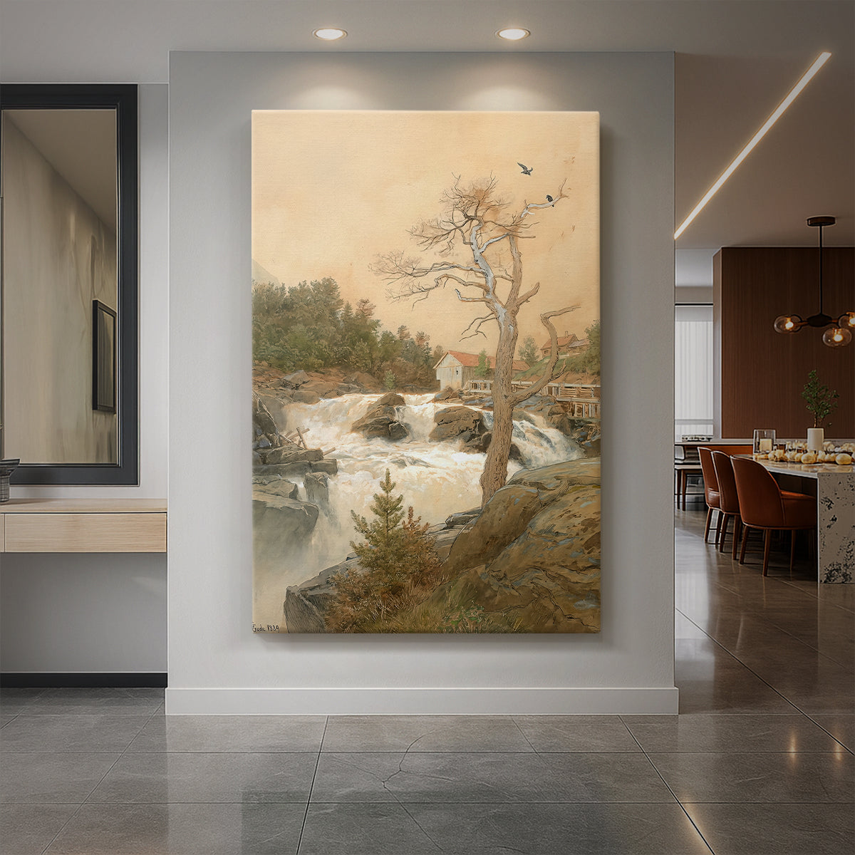 Canvas art print of a Romantic landscape of a waterfall surrounded by rocks and trees displayed as a statement piece in a spacious interior.