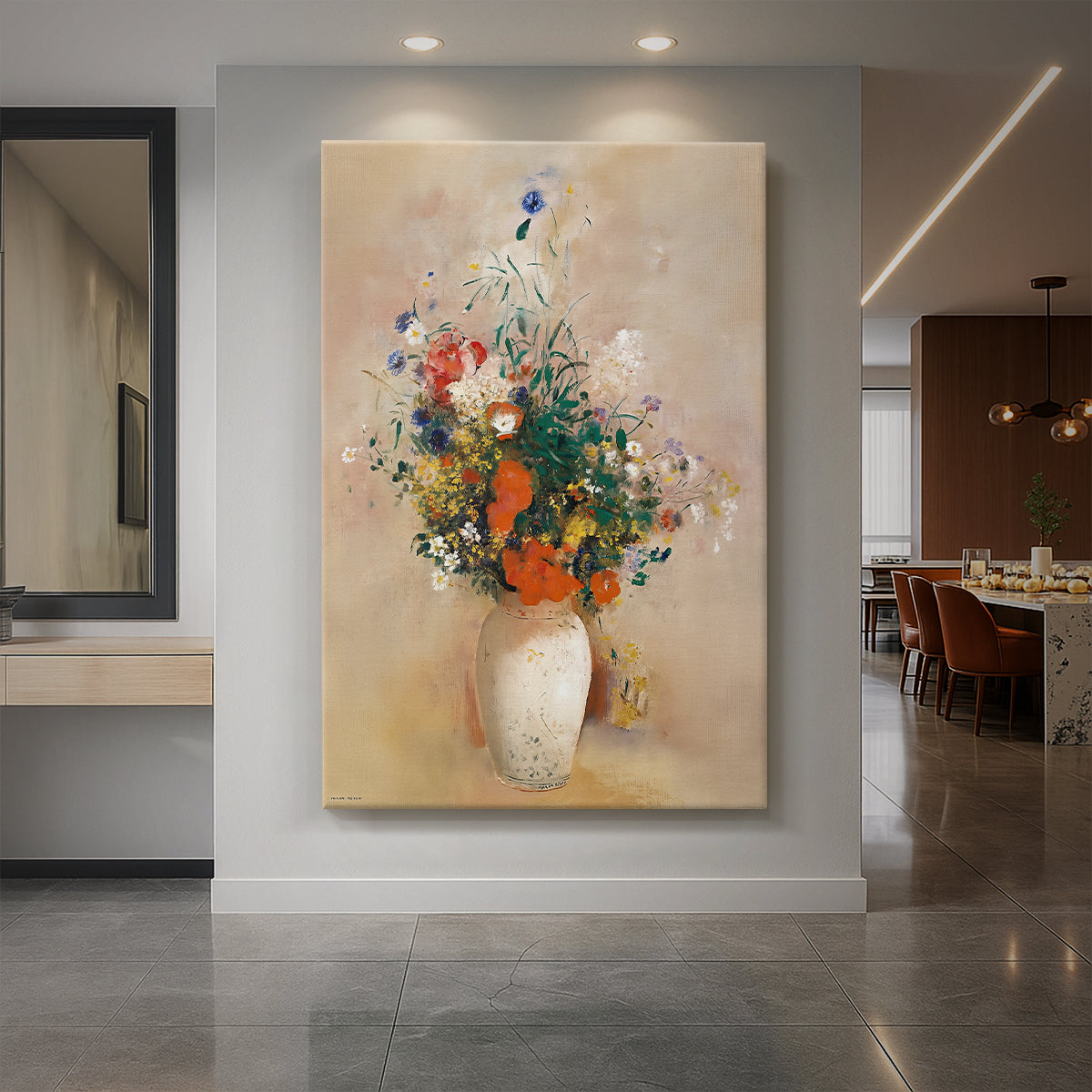 Canvas art print of a symbolic still life of flowers in a vase with soft, dreamlike color displayed as a statement piece in a spacious interior.