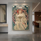 Canvas art print of an Art Nouveau illustration of a dreamy woman with ornate flowing details displayed as a statement piece in a spacious interior.