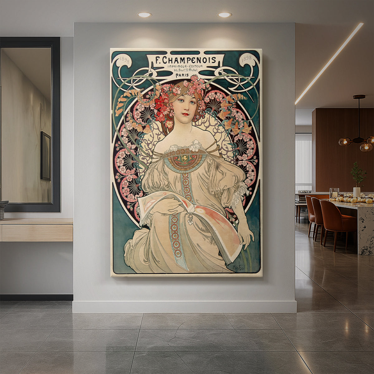 Canvas art print of an Art Nouveau illustration of a dreamy woman with ornate flowing details displayed as a statement piece in a spacious interior.