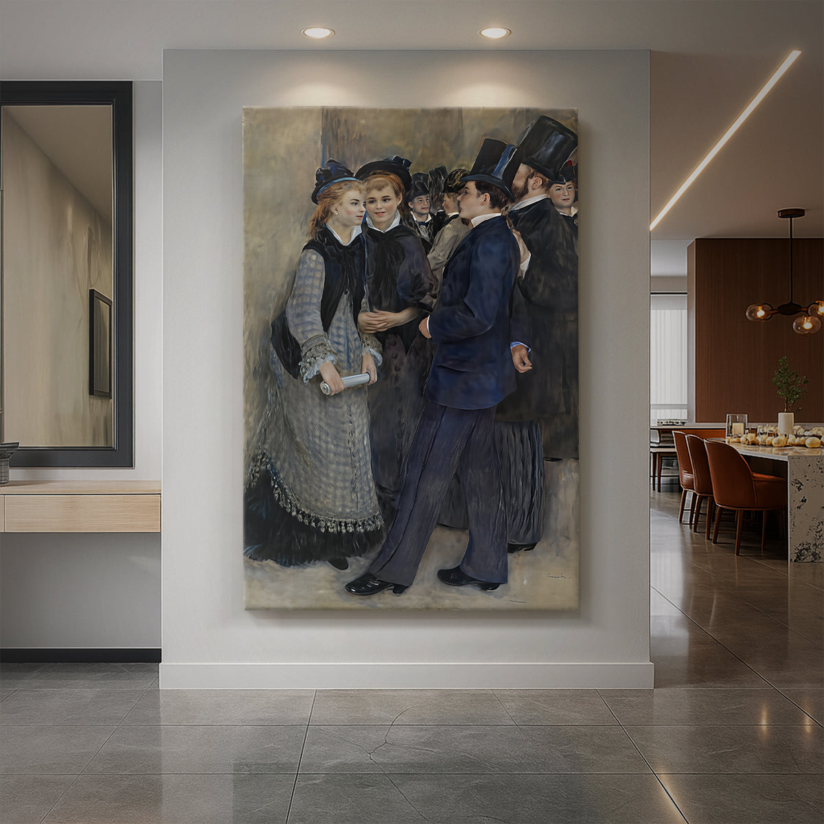 Canvas art print of an impressionist scene of figures exiting a building in soft natural light displayed as a statement piece in a spacious interior.