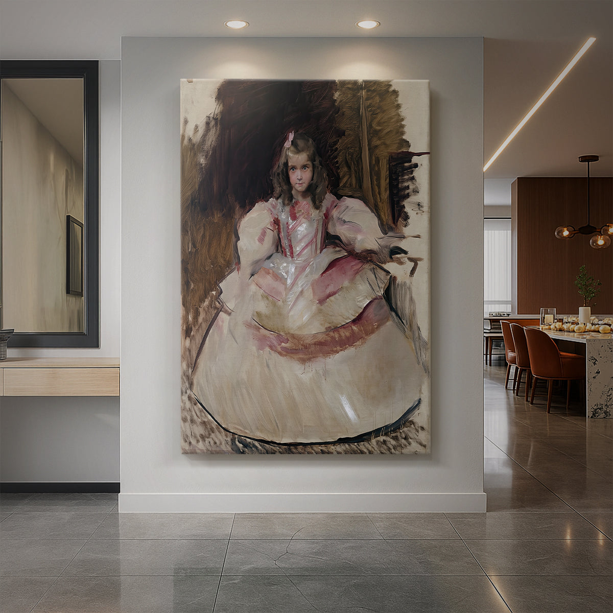 Canvas art print of an impressionist portrait of a young girl in elaborate historical dress displayed as a statement piece in a spacious interior.