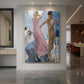 Canvas art print of an impressionist scene of a woman in light garments after bathing with soft light displayed as a statement piece in a spacious interior.