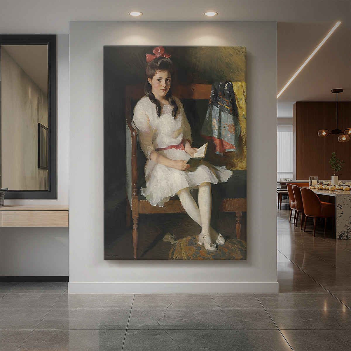 Canvas art print of an impressionist portrait of a seated woman with soft tones and natural light displayed as a statement piece in a spacious interior.