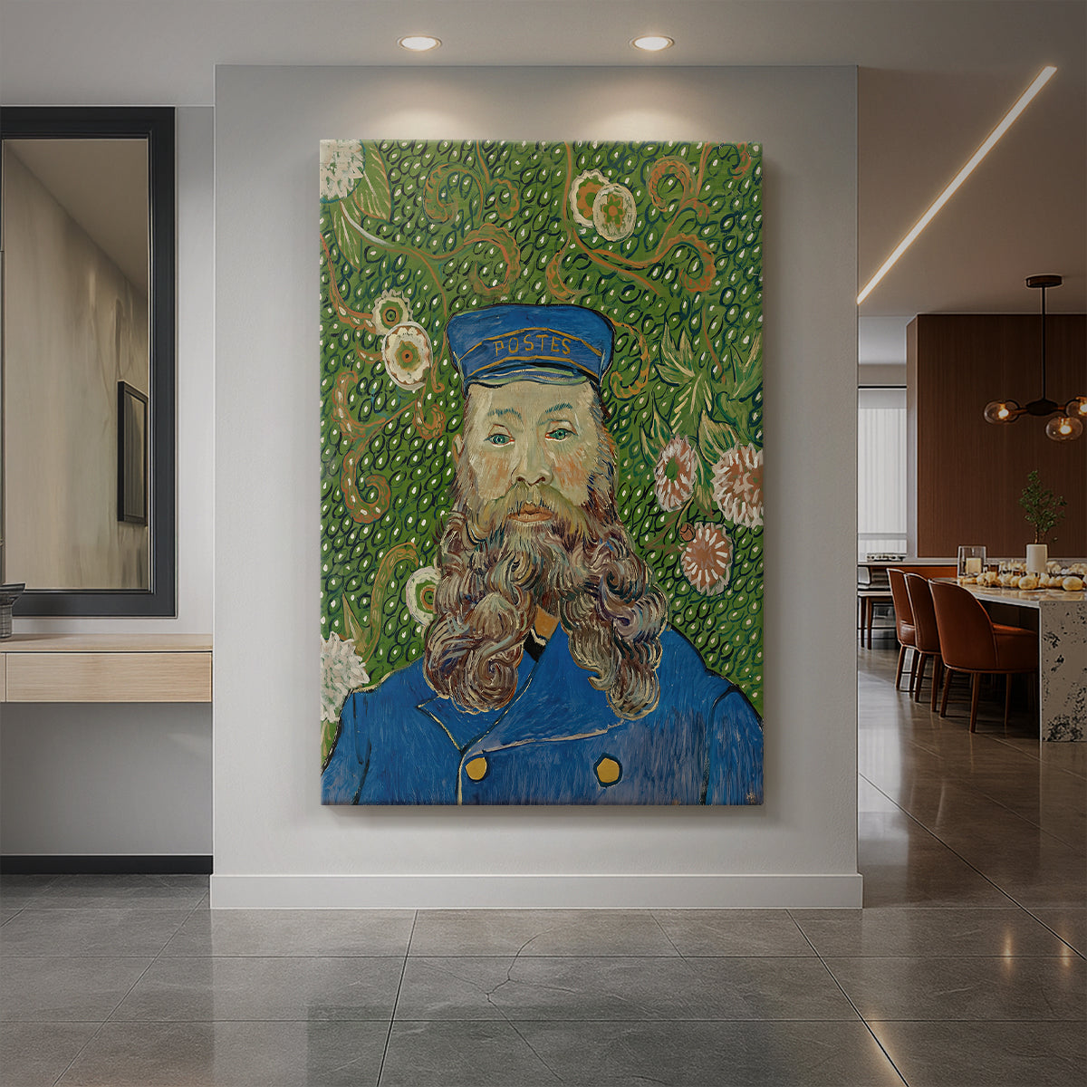 Canvas art print of an expressive portrait of a bearded man with bold color and thick brushwork displayed as a statement piece in a spacious interior.
