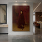 Canvas art print of a realistic scene of a woman seated with a harp in a softly lit interior displayed as a statement piece in a spacious interior.