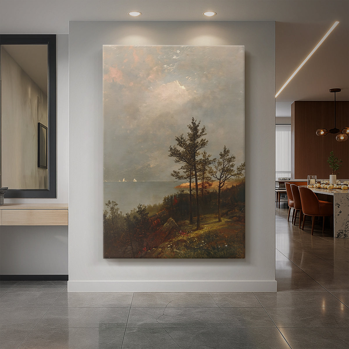 Canvas art print of a luminist seascape with dark clouds forming over calm water displayed as a statement piece in a spacious interior.