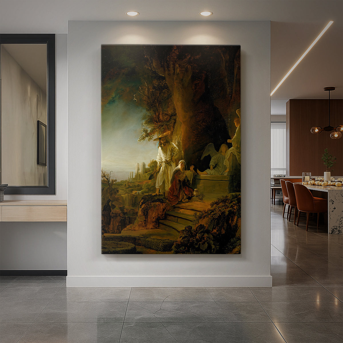 Canvas art print of a Baroque scene of Christ and Mary Magdalene in a dimly lit outdoor setting displayed as a statement piece in a spacious interior.