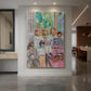 Canvas art print of a fauvist interior scene of figures engaged in a music lesson with patterned decor displayed as a statement piece in a spacious interior.