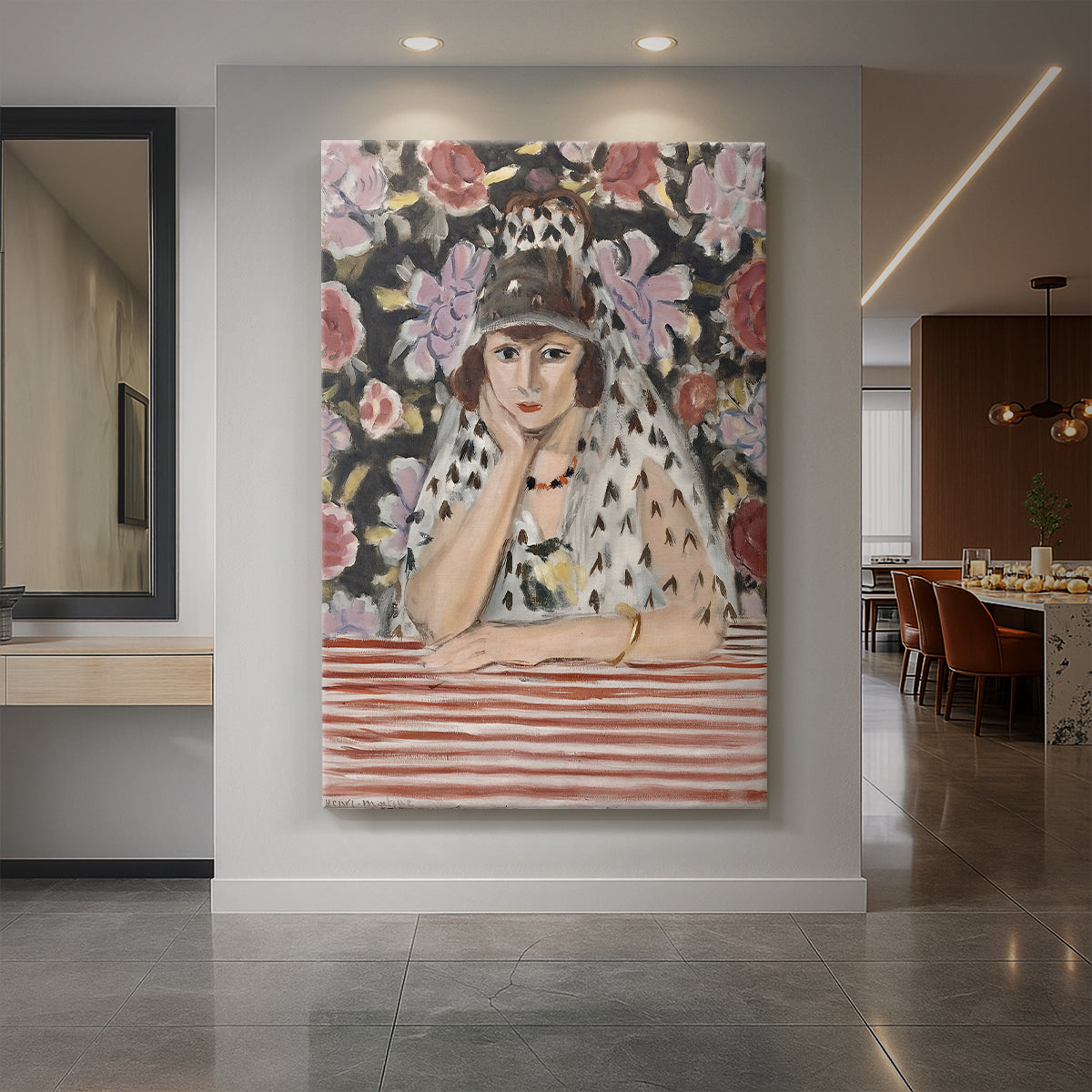 Canvas art print of a fauvist portrait of a woman with Spanish styling and bold color displayed as a statement piece in a spacious interior.