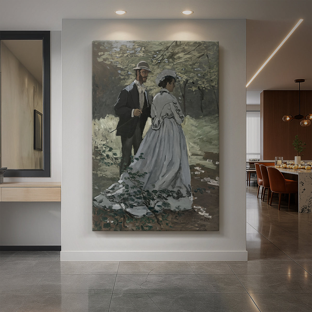 Canvas art print of an impressionist scene of two figures standing together in a garden setting displayed as a statement piece in a spacious interior.