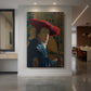 Canvas art print of a Baroque portrait of a young woman in a red hat with rich color contrast displayed as a statement piece in a spacious interior.