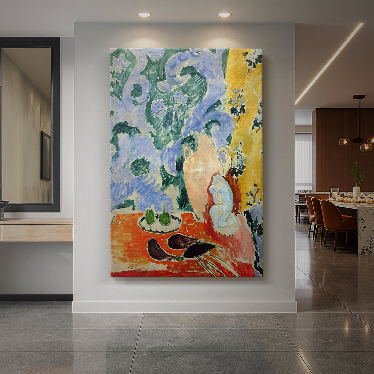 Canvas art print of an expressionist still life of aubergines with bold color and simple forms displayed as a statement piece in a spacious interior.