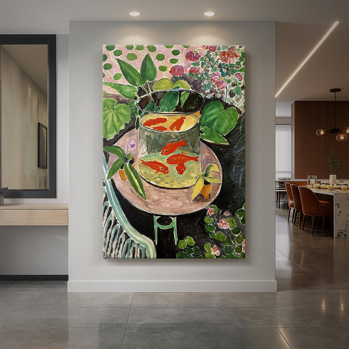 Canvas art print of a fauvist still life of goldfish in a bowl with vibrant color and pattern displayed as a statement piece in a spacious interior.