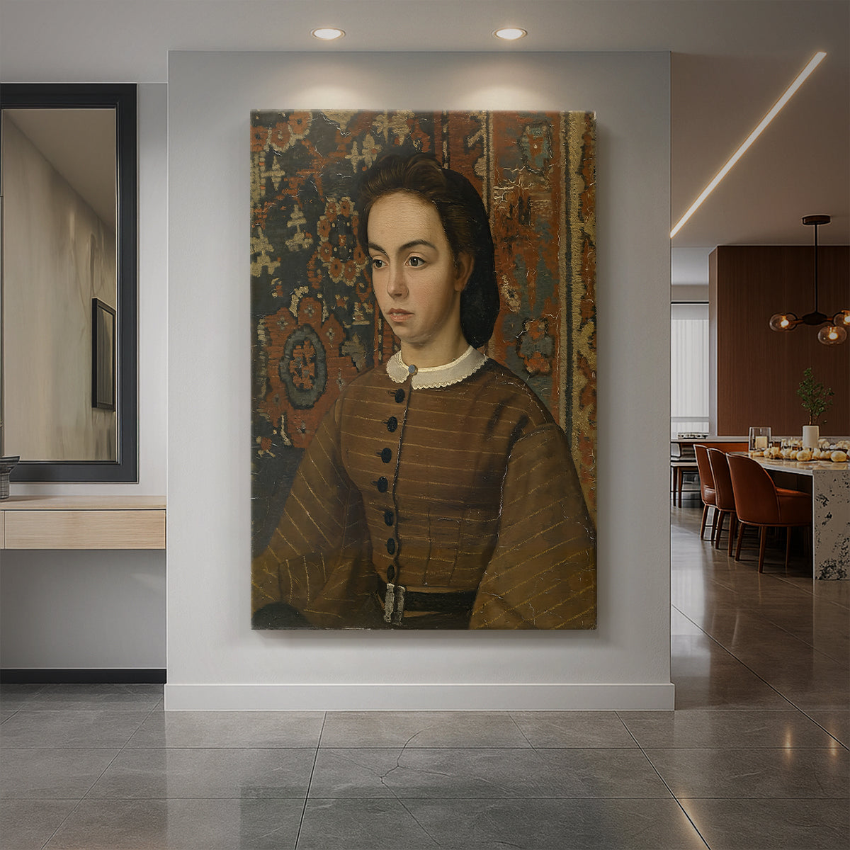 Canvas art print of a realistic portrait of a woman with soft tones and composed expression displayed as a statement piece in a spacious interior.