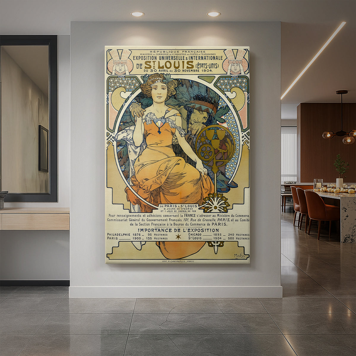 Canvas art print of an Art Nouveau poster of a woman with ornate details and exhibition typography displayed as a statement piece in a spacious interior.