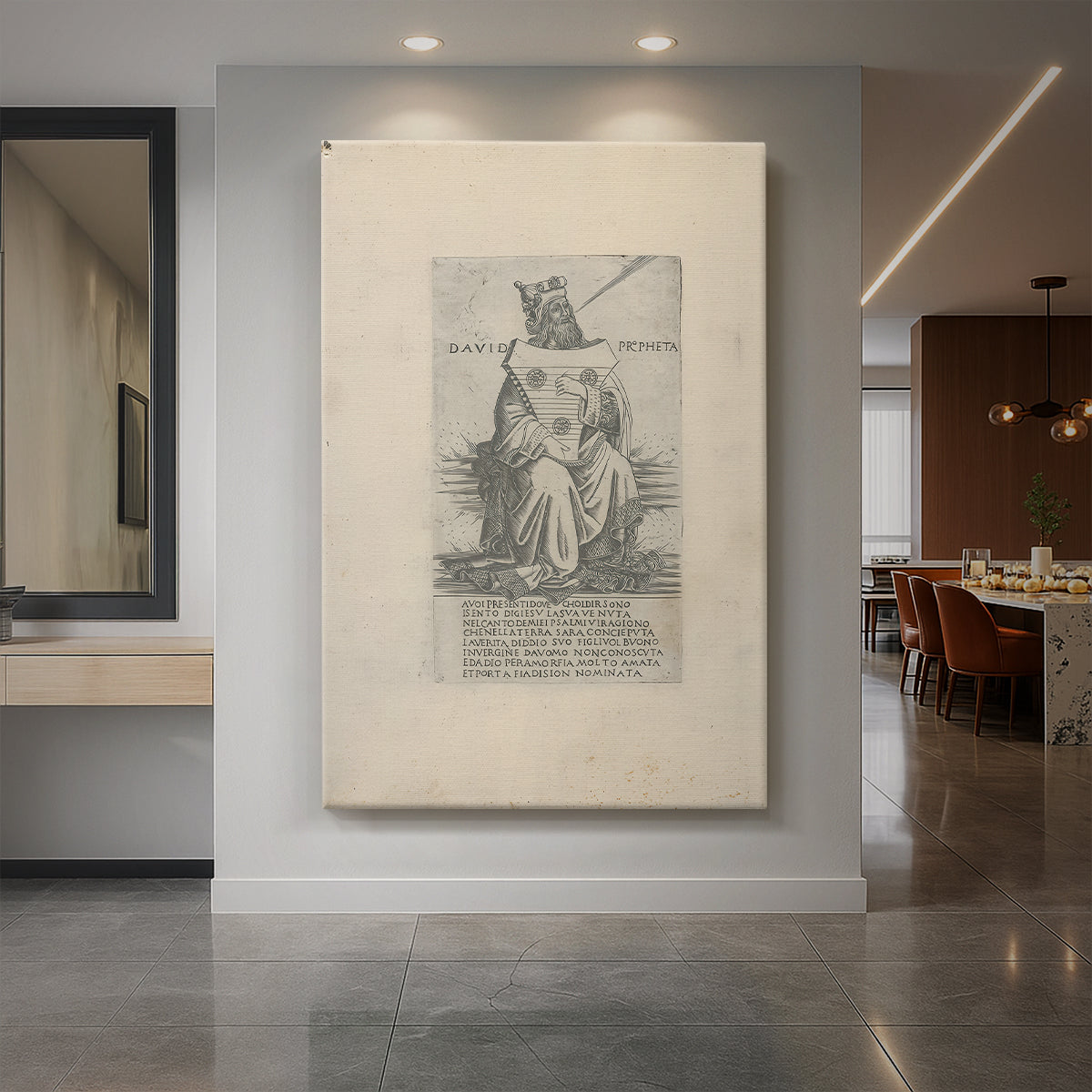 Canvas art print of a monochrome engraving of a prophet figure with detailed linework displayed as a statement piece in a spacious interior.