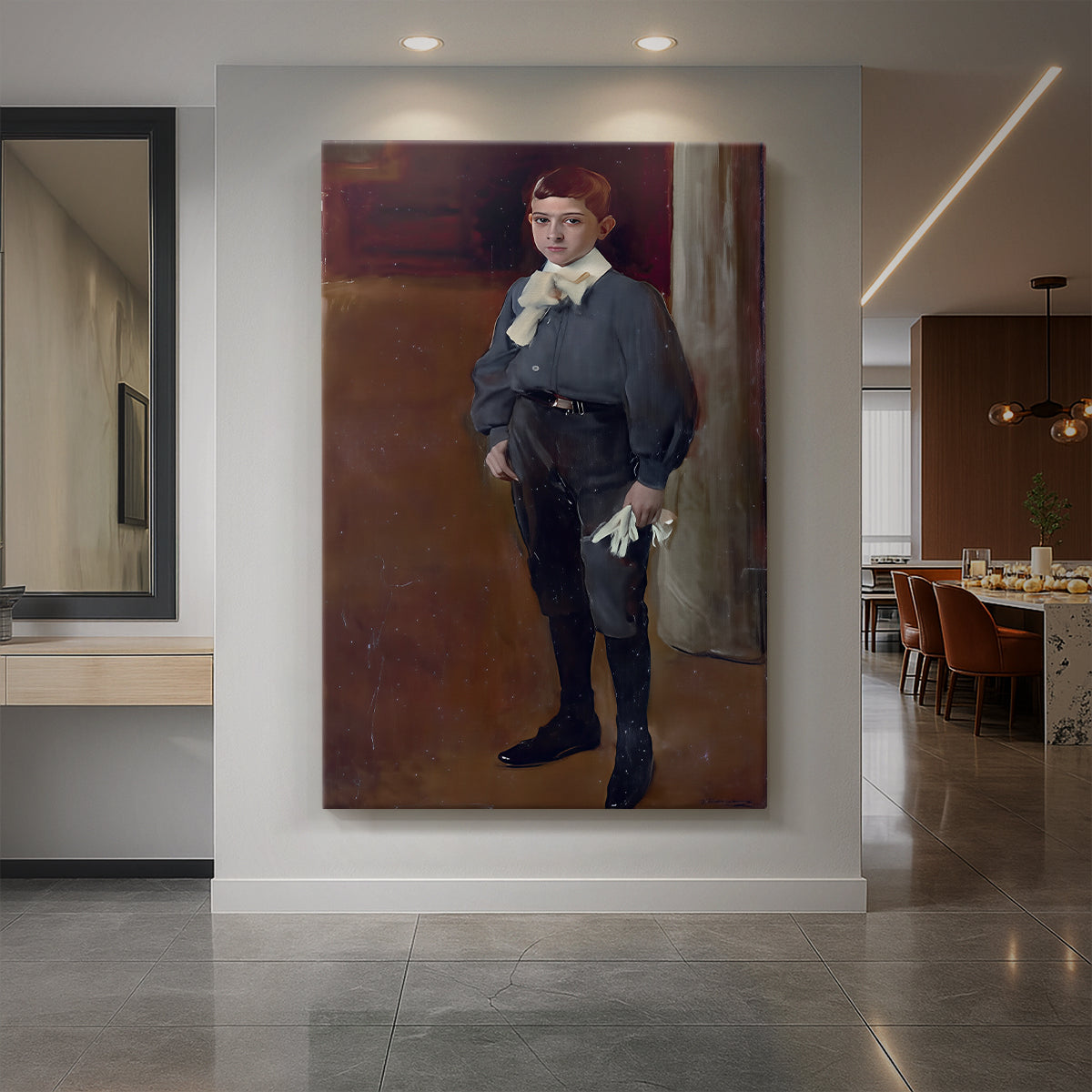 Canvas art print of an impressionist portrait of a young boy with soft light and natural tones displayed as a statement piece in a spacious interior.