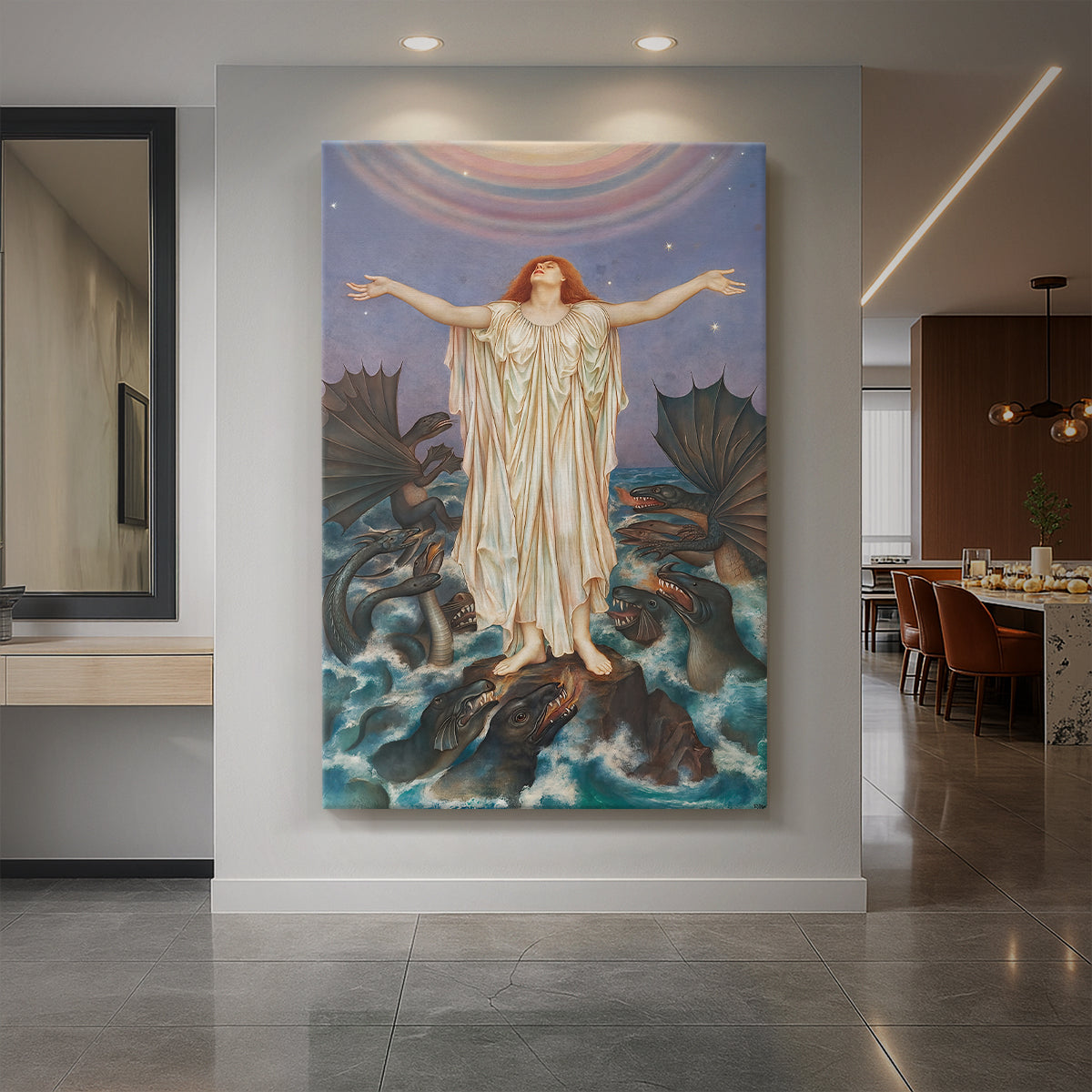 Canvas art print of a symbolic scene of figures reaching upward in a moment of distress displayed as a statement piece in a spacious interior.