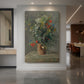 Canvas art print of an impressionist still life of flowers in a vase with soft blended colors displayed as a statement piece in a spacious interior.