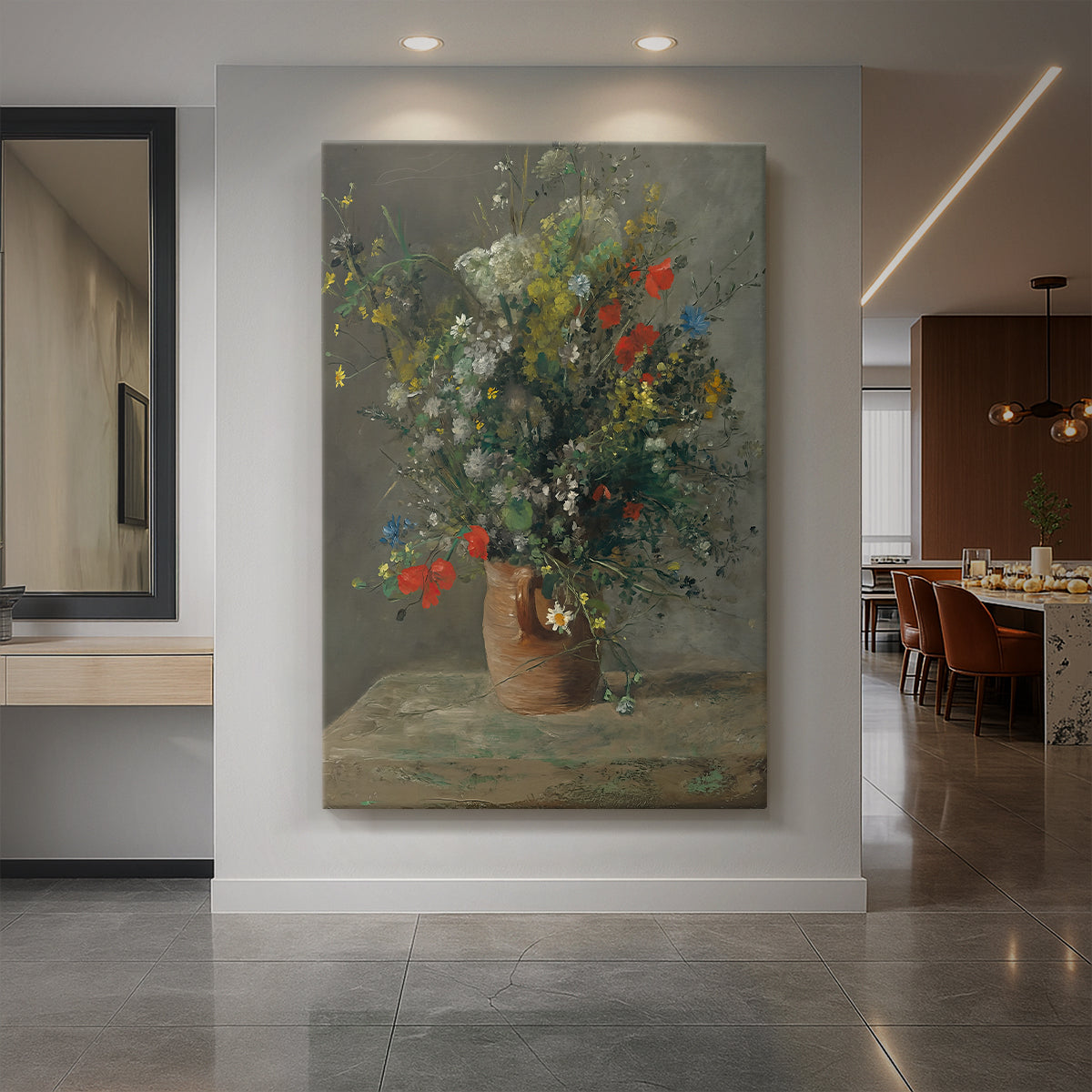 Canvas art print of an impressionist still life of flowers in a vase with soft blended colors displayed as a statement piece in a spacious interior.