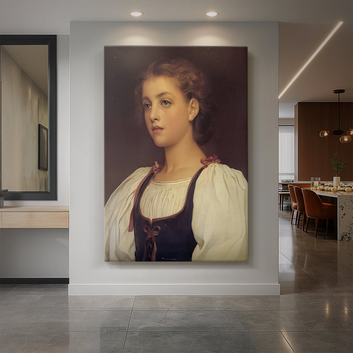 Canvas art print of a classical portrait of a young woman with soft features and warm tones displayed as a statement piece in a spacious interior.