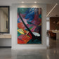 Canvas art print of an expressionist forest scene with deer in angular, colorful forms displayed as a statement piece in a spacious interior.
