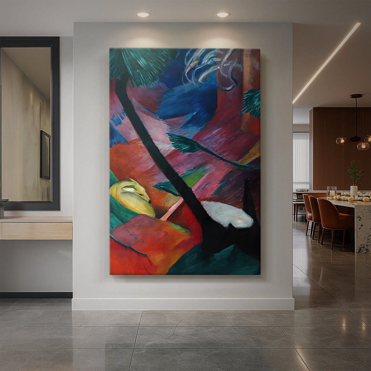 Canvas art print of an expressionist forest scene with deer in angular, colorful forms displayed as a statement piece in a spacious interior.