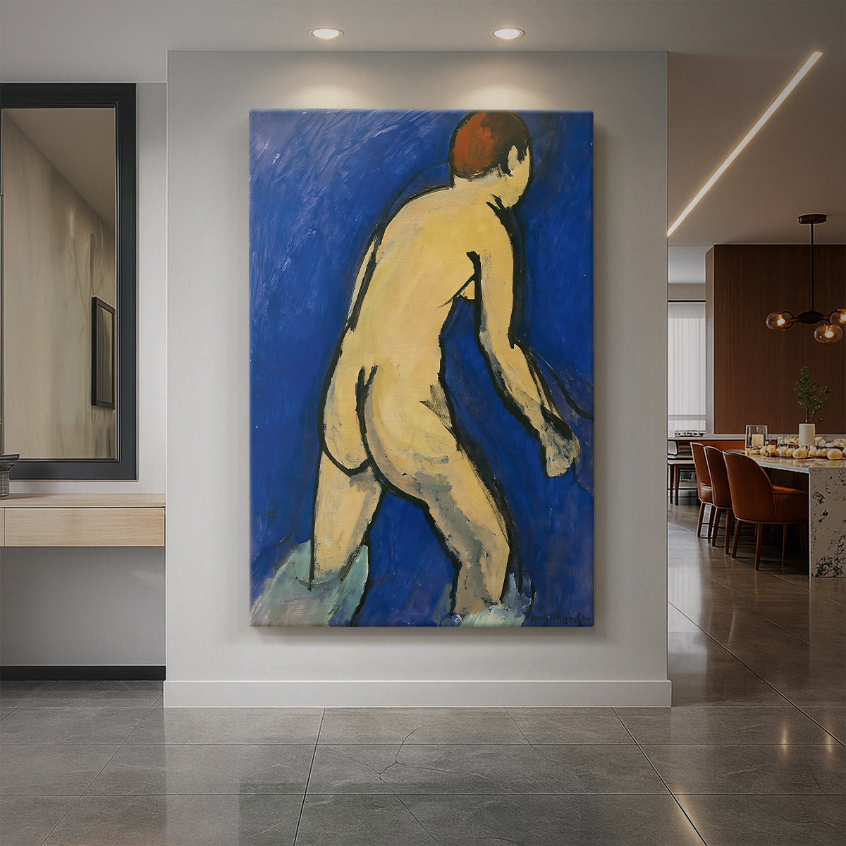 Canvas art print of a fauvist figure of a nude bather with simplified form and bold color displayed as a statement piece in a spacious interior.