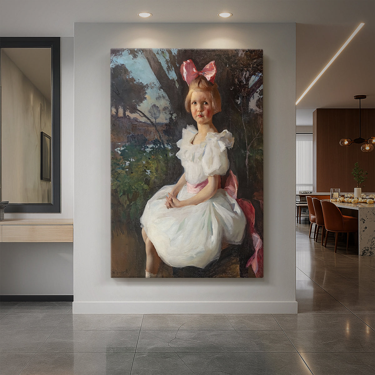 Canvas art print of an impressionist portrait of a woman in elegant attire with soft light displayed as a statement piece in a spacious interior.