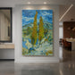 Canvas art print of an expressive landscape of tall poplar trees with bold color and movement displayed as a statement piece in a spacious interior.