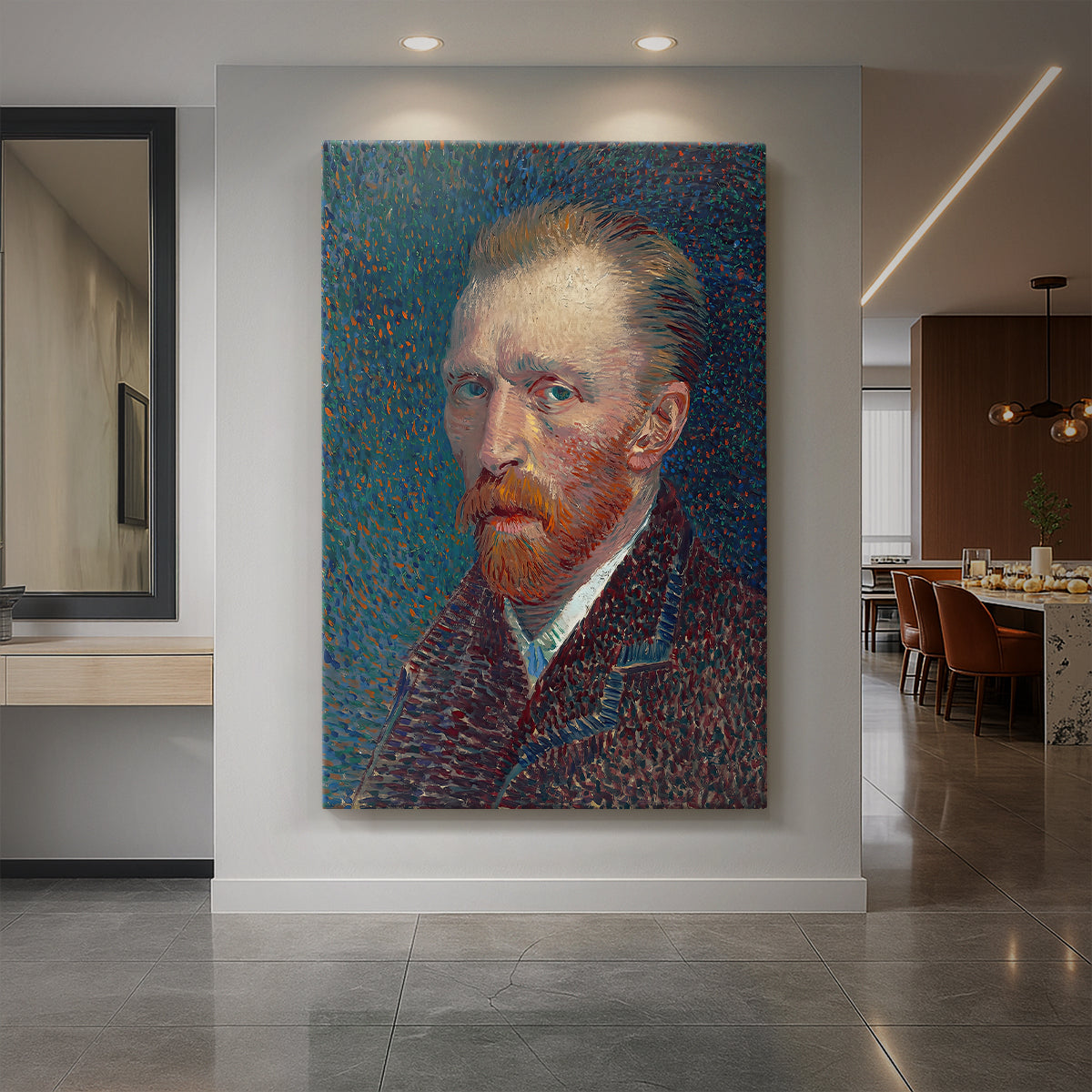 Canvas art print of an expressive self-portrait with intense gaze and textured brushwork displayed as a statement piece in a spacious interior.