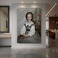 Canvas art print of an impressionist portrait of a young girl with soft features and delicate tones displayed as a statement piece in a spacious interior.