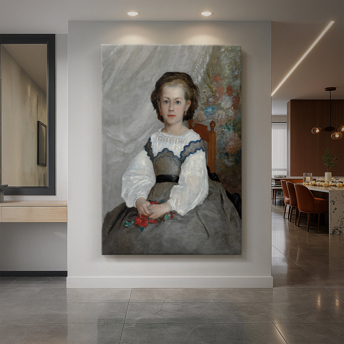 Canvas art print of an impressionist portrait of a young girl with soft features and delicate tones displayed as a statement piece in a spacious interior.