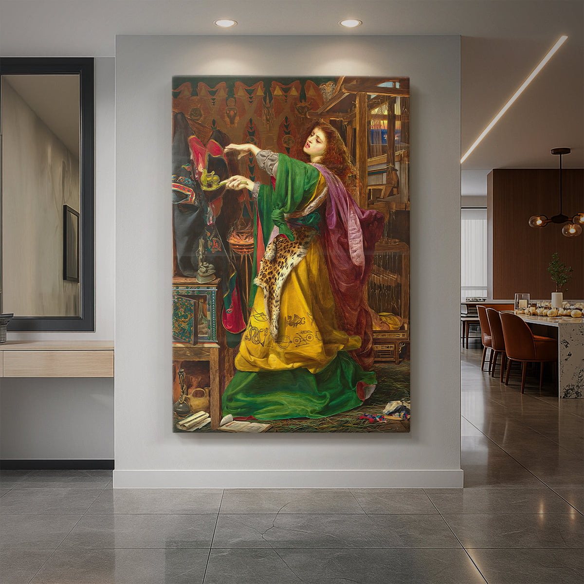 Canvas art print of a Romantic portrait of a woman in a mystical setting with vivid color displayed as a statement piece in a spacious interior.