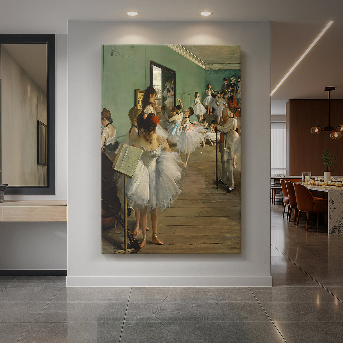 Canvas art print of an impressionist scene of ballet dancers practicing in a studio displayed as a statement piece in a spacious interior.