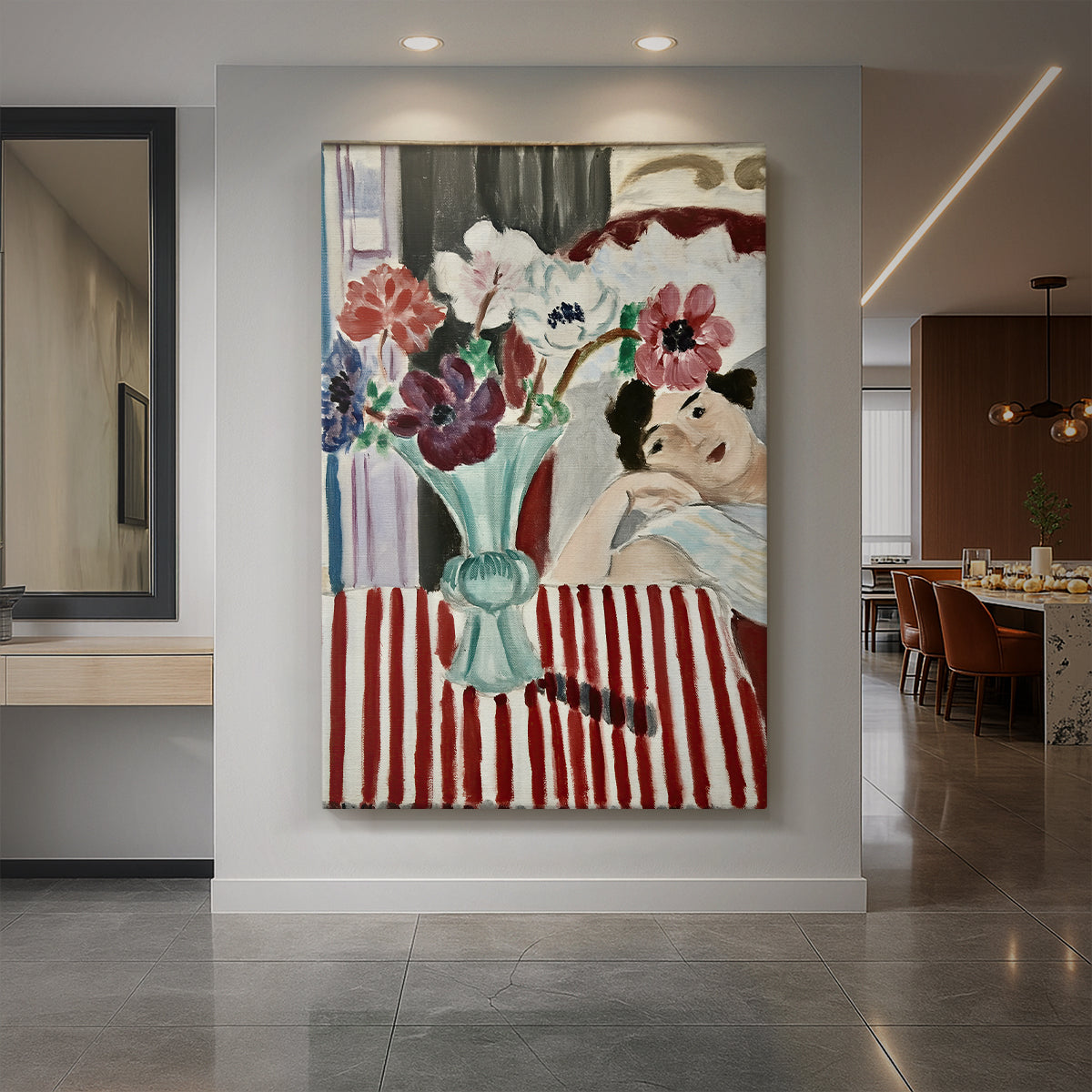 Canvas art print of a fauvist portrait of a seated woman and vase of flowers on a striped tablecloth displayed as a statement piece in a spacious interior.