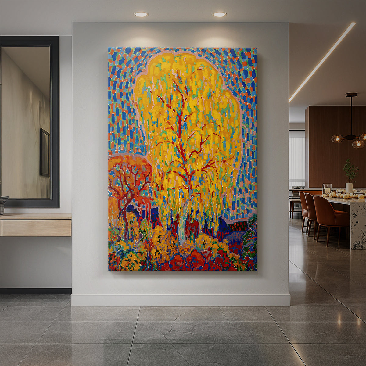 Canvas art print of an expressionist landscape of a tree with vibrant autumn color displayed as a statement piece in a spacious interior.