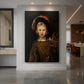 Canvas art print of a Baroque portrait of a young boy in ornate costume with warm light displayed as a statement piece in a spacious interior.