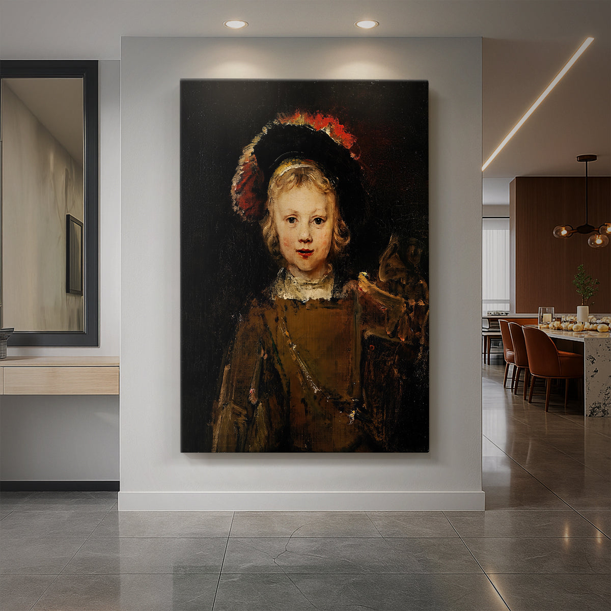 Canvas art print of a Baroque portrait of a young boy in ornate costume with warm light displayed as a statement piece in a spacious interior.
