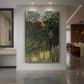 Canvas art print of a naïve-style jungle scene with tropical wildlife and plants displayed as a statement piece in a spacious interior.