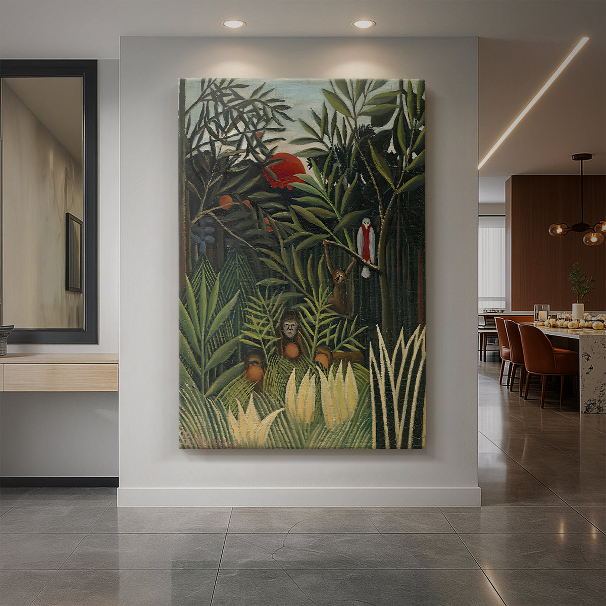 Canvas art print of a naïve-style jungle scene with tropical wildlife and plants displayed as a statement piece in a spacious interior.